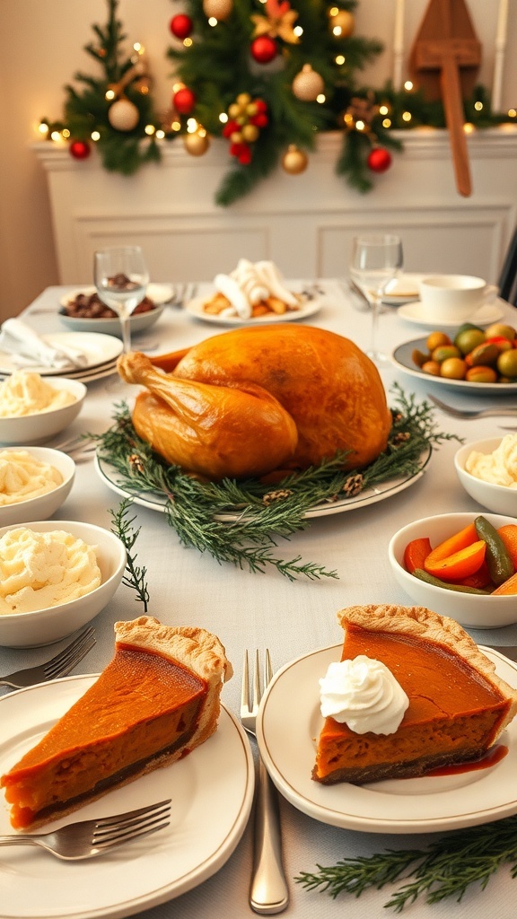 A festive Christmas dinner table with roasted turkey, mashed potatoes, roasted vegetables, and pumpkin pie.